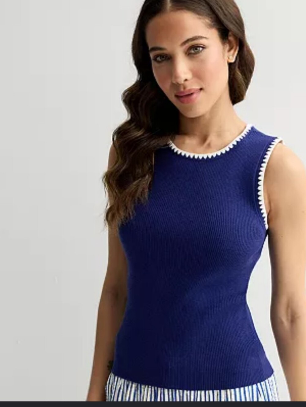 Rachel Zoe Top Size L Blue Navy Embroidered Ribbed Stretch Long Cozy